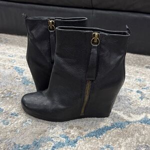 Nine West Black Wedge Boots with Gold Zipper